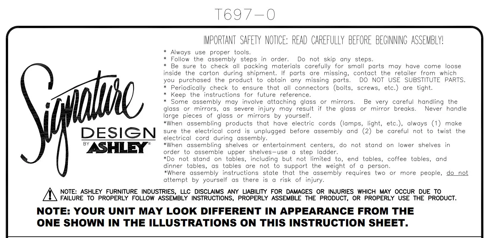 ASHLEY T6970 Porter Coffee Table With Lift Top Instruction Manual