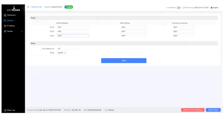 BITMAIN ANTMINER HS3 Air Cooler - Setting2