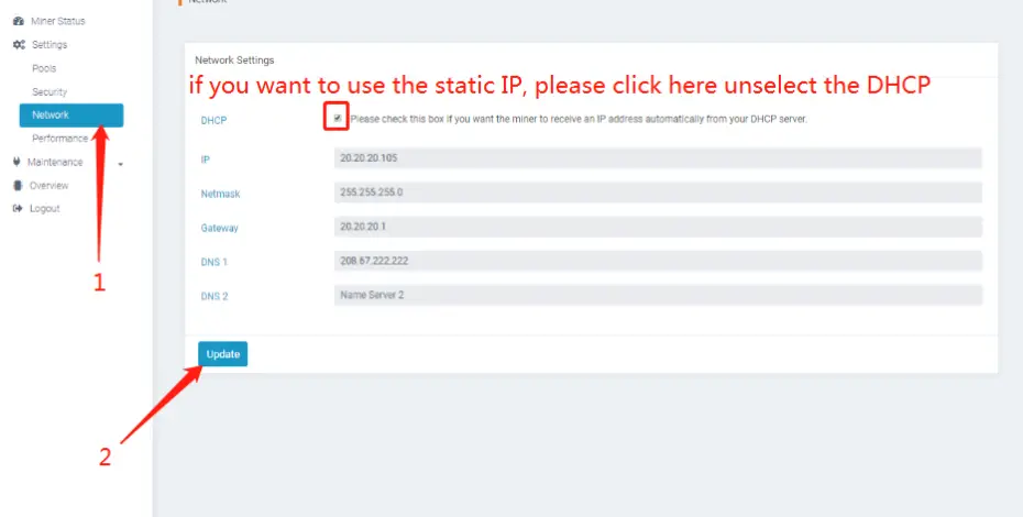 INNOSILICON T2TZ 30T BTC Bitcoin Miner-network configuration
