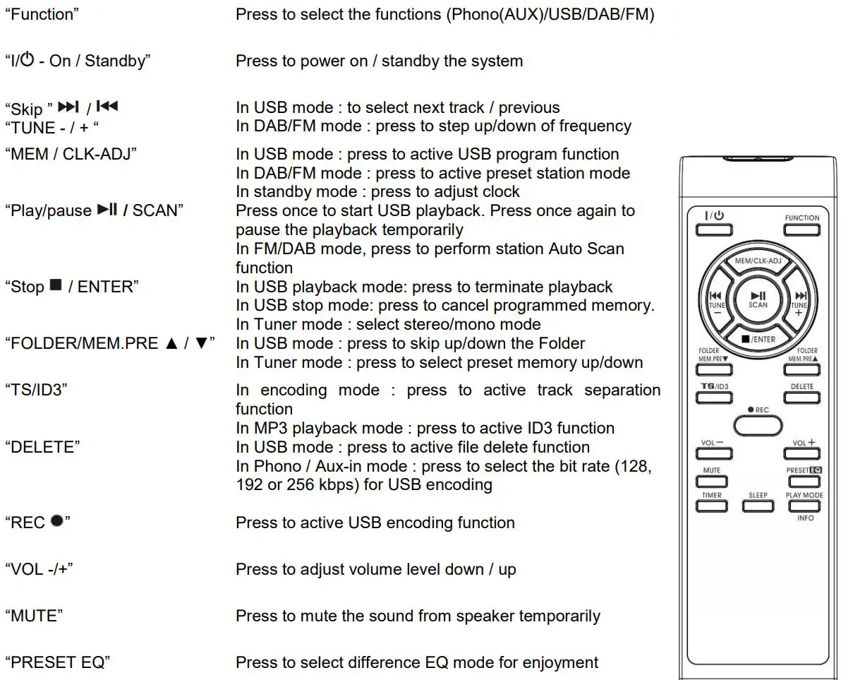 soundmaster PL585 Wooden Record Player Turntable with USB Encoding Instruction Manual - REMOTE CONTROL