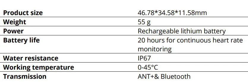 alza SPTTHR011 ANT+ Bluetooth Heart Rate Armband User Manual - Basic Parameters