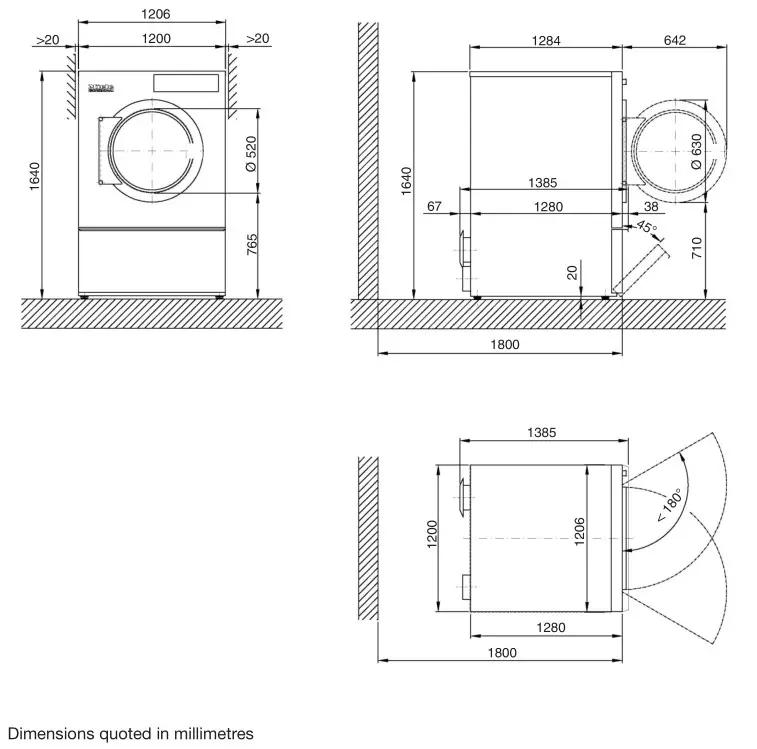 Miele PDR 944 Professional Vented Dryer - Dimensions