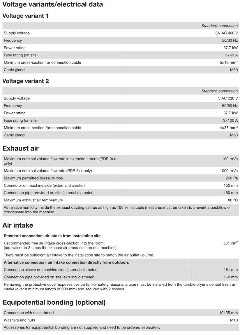 Miele PDR 944 Professional Vented Dryer - Technical data 1