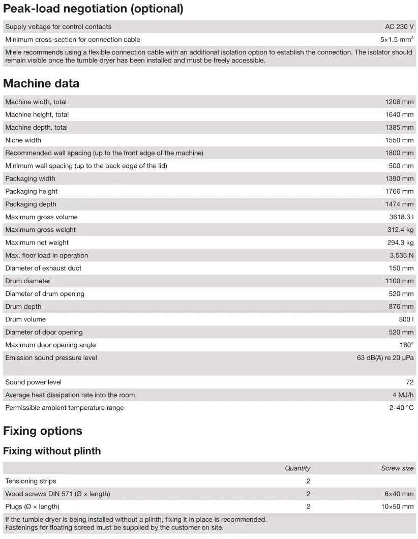 Miele PDR 944 Professional Vented Dryer - Technical data 2