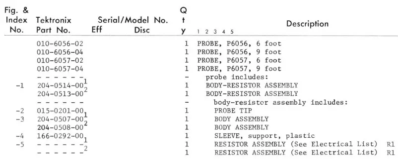 Tektronix P6056 Oscilloscope Probe - part list 2