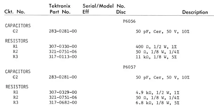 Tektronix P6056 Oscilloscope Probe - part list