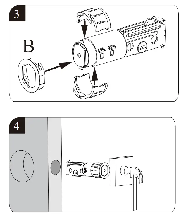 Install latch in door with wood block and hammer.