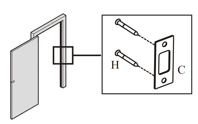 Install strike with screws H on the door frame