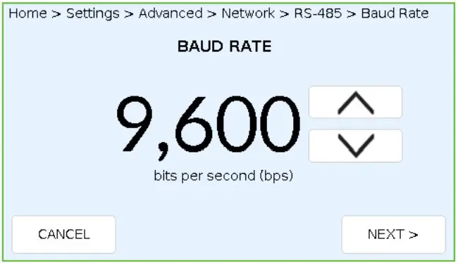 BAUD RATE screen