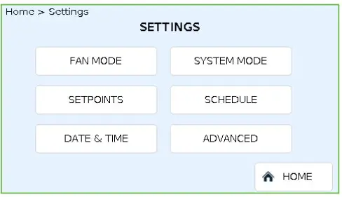 SETTINGS screen