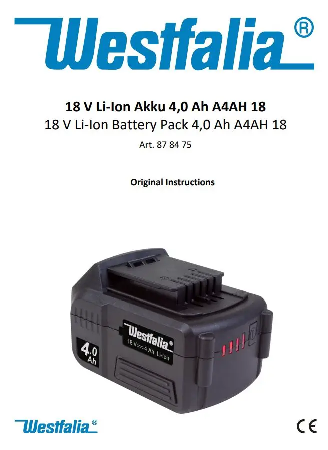 Westfalia 87 84 75 18 V Li-Ion Battery Pack Instruction Manual