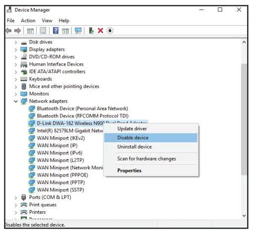 D-Link AX3000 Wi-Fi 6 PCIe Adapter with Bluetooth 5.1 - Disable device