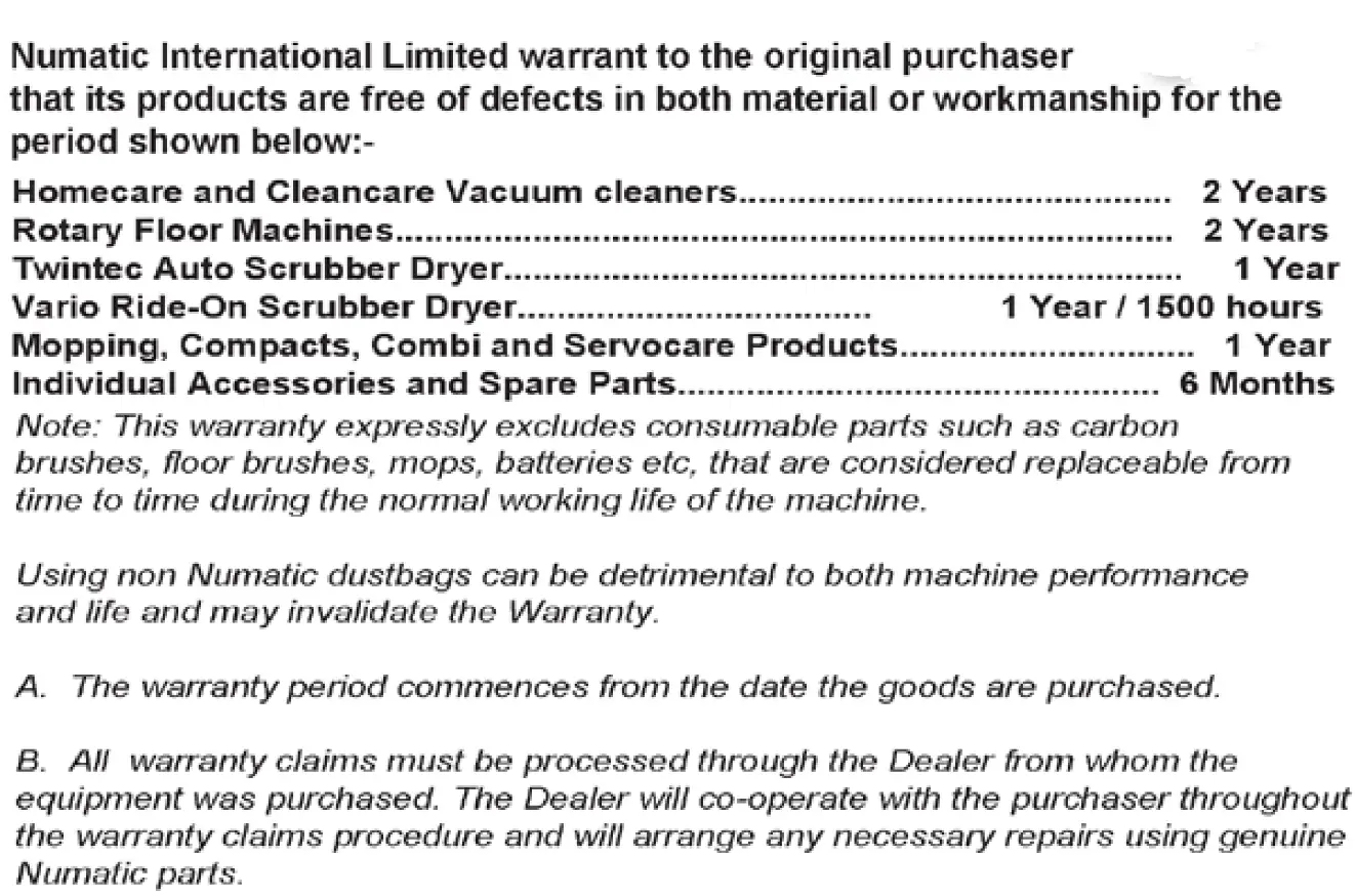 Numatic RSV150 Nace Backpack Vacuum Cleaner warranty