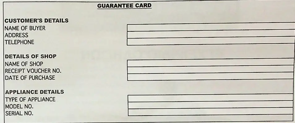 MateStar PLM-502BK-W Water Kettle Instruction Manual - Guarantee card