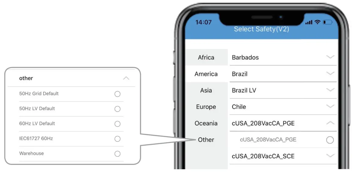 GOODWE PV Master App - Select Safety Code