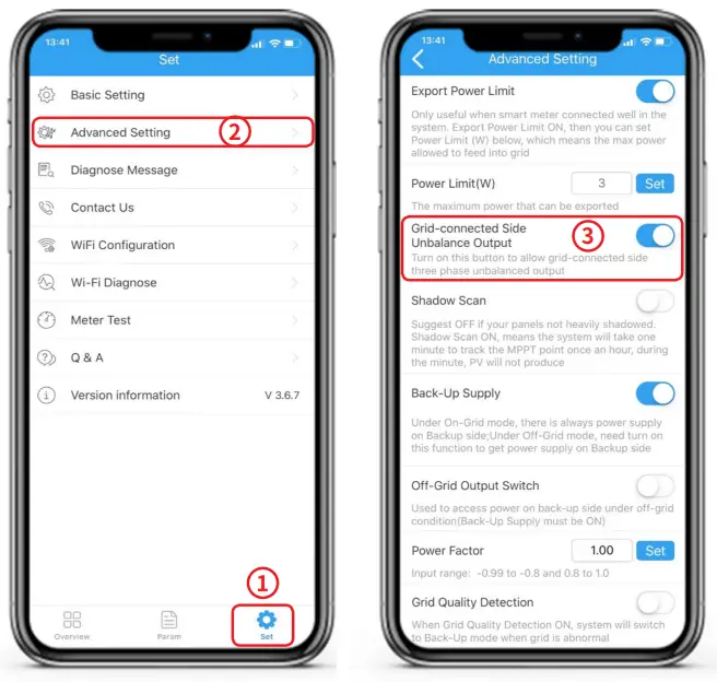 GOODWE PV Master App - UNBALANCE OUTPUT FUNCTION