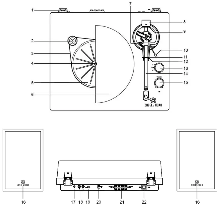 angels HORN HP-H00501 Walnut Bluetooth Turntable With Hi Fi Stereo Speakers - discription