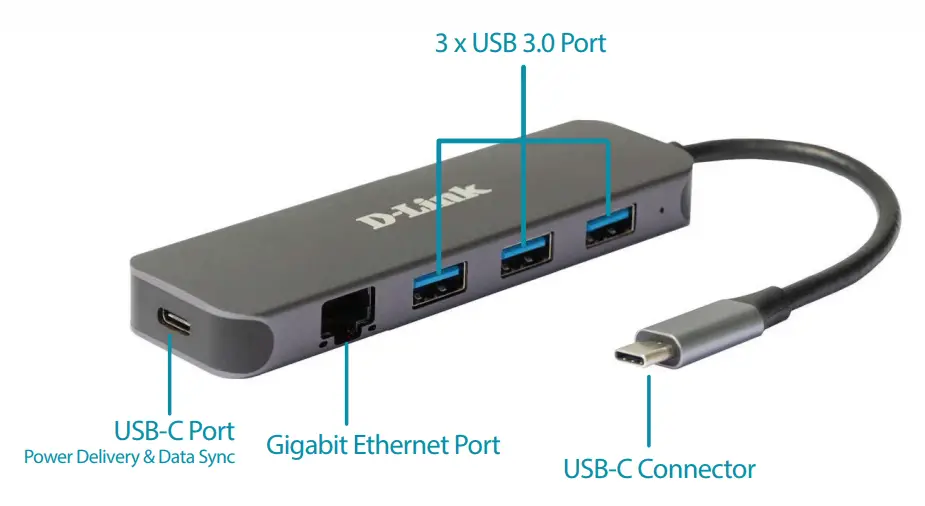 D-Link DUB-2334 5-in-1 USB-C Hub with Gigabit Ethernet-Power Delivery - FIG
