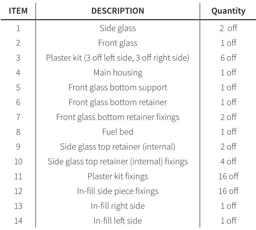 Element4 Electric Fires - Part List Table