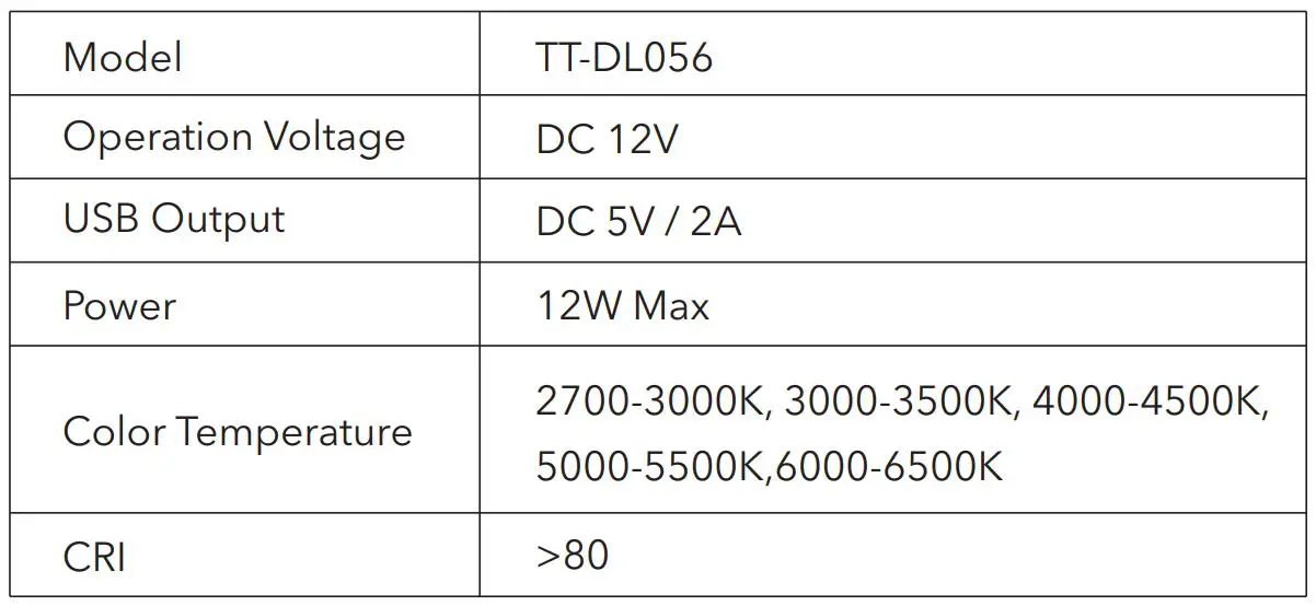 TROTRONICS TT-DL056 Flexible LED Desk Lamp - Specifications