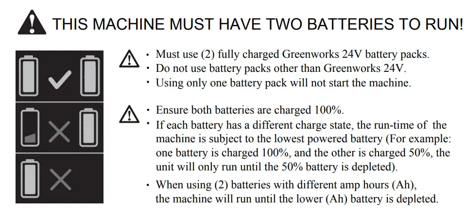 greenworksTOOLS LME455 48V 20-inch Self-Propelled Lawn Mower User Manual - THIS MACHINE MUST HAVE TWO BATTERIES TO RUN