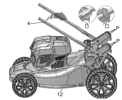 greenworksTOOLS LME455 48V 20-inch Self-Propelled Lawn Mower User Manual - UNFOLD THE LOWER HANDLE
