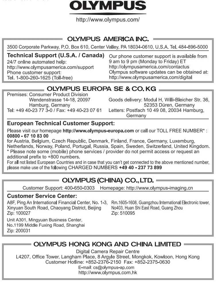 OLYMPUS Digital Camera Instruction Manual - Contact for Europa, China, Hong Kong