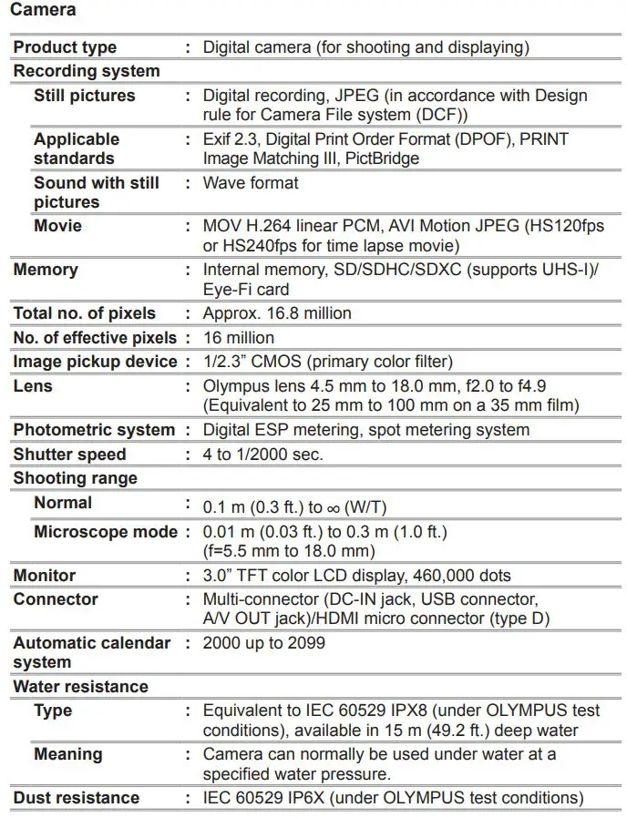 OLYMPUS Digital Camera Instruction Manual - Specifications