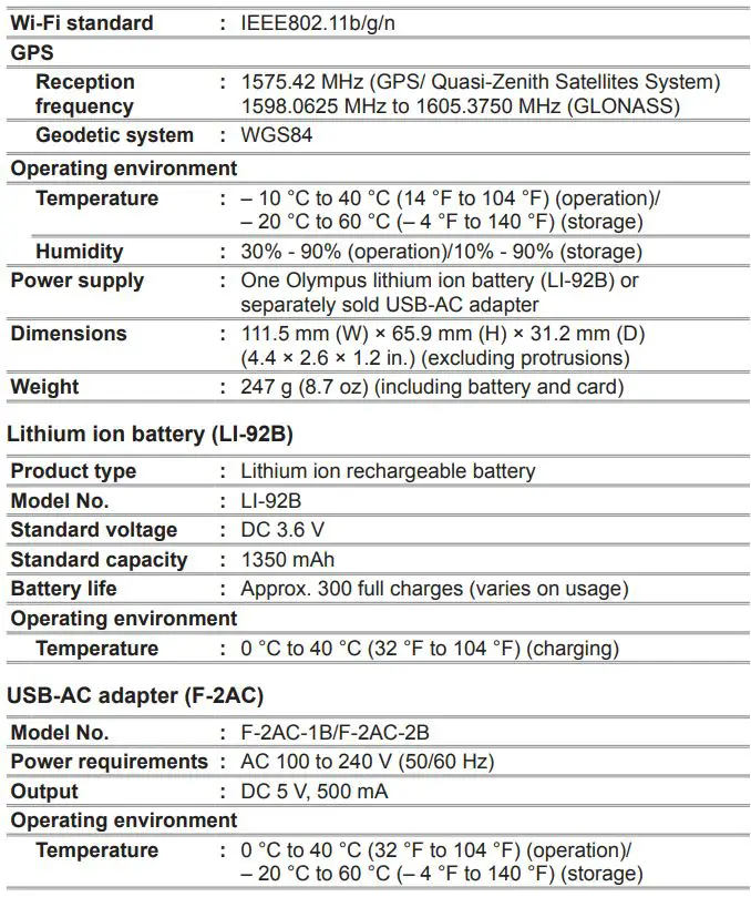 OLYMPUS Digital Camera Instruction Manual - Specifications