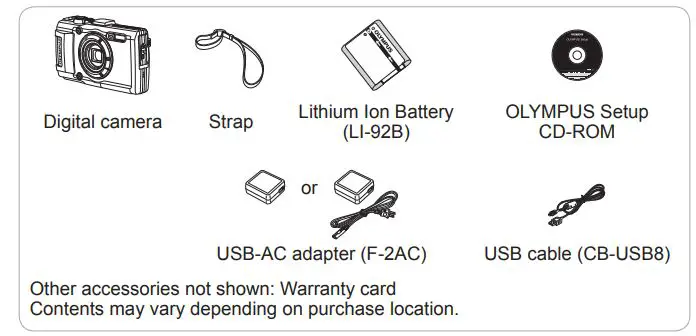 OLYMPUS Digital Camera Instruction Manual - box contents