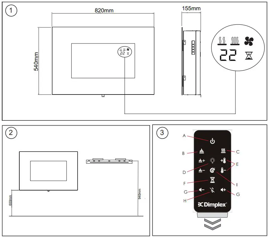 Dimplex TLC20LX-AU Toluca Deluxe Wall Mounted Electric Fire Heater Instruction Manual - Fig 1,2,3