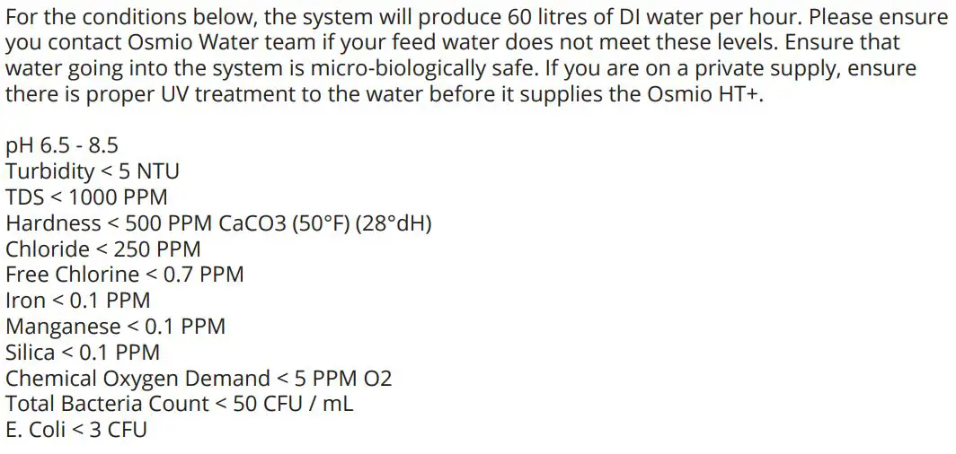 osmio WATER TECHNOLOGY Dental & Lab Direct Flow Reverse Osmosis System Instruction Manual - Feed Water Specification