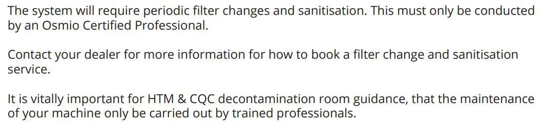 osmio WATER TECHNOLOGY Dental & Lab Direct Flow Reverse Osmosis System Instruction Manual - Filter Changes & Sanitisation Process