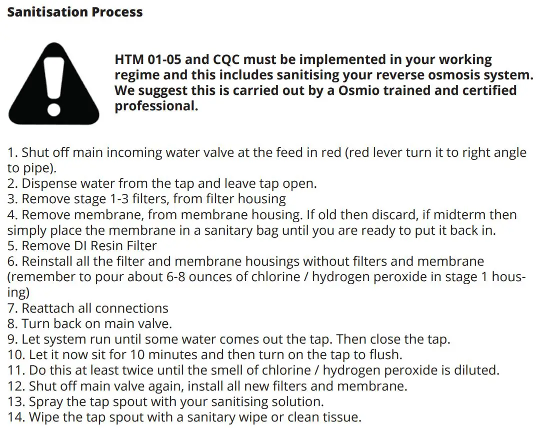 osmio WATER TECHNOLOGY Dental & Lab Direct Flow Reverse Osmosis System Instruction Manual - Filter Changes & Sanitisation Process