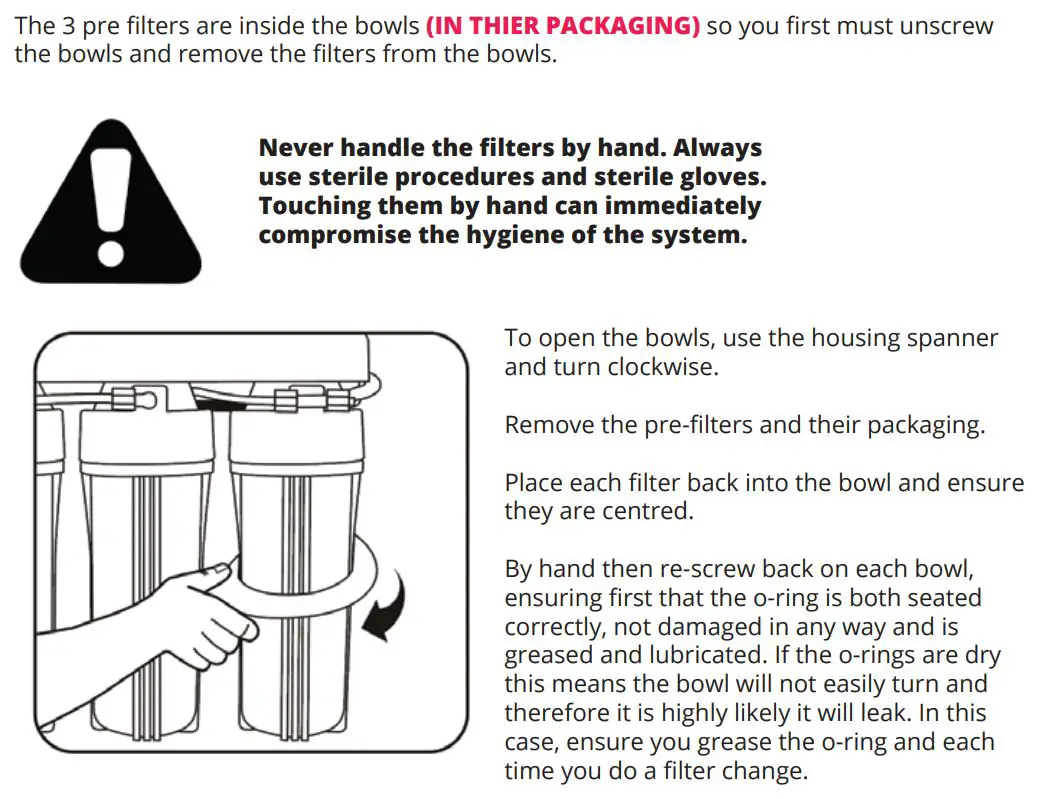 osmio WATER TECHNOLOGY Dental & Lab Direct Flow Reverse Osmosis System Instruction Manual - Install Pre Filters