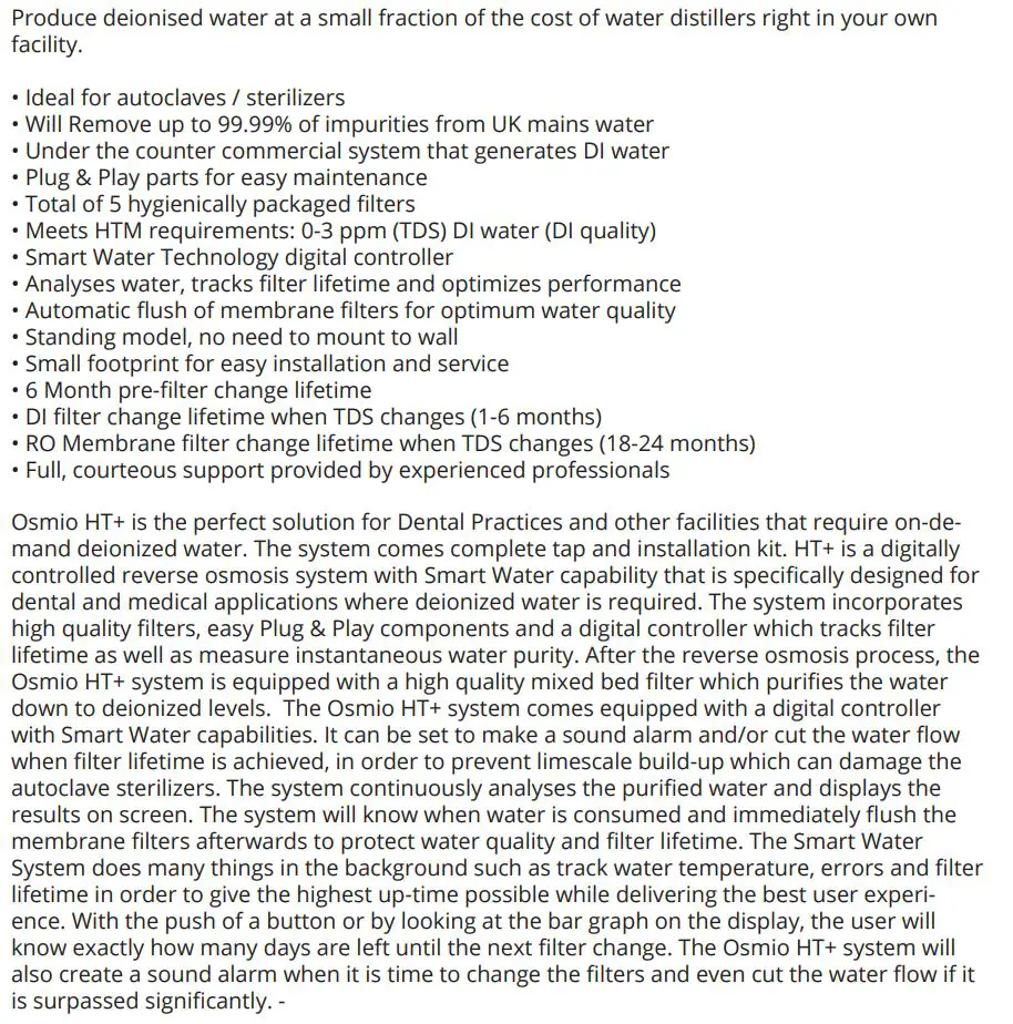 osmio WATER TECHNOLOGY Dental & Lab Direct Flow Reverse Osmosis System Instruction Manual - Product Features