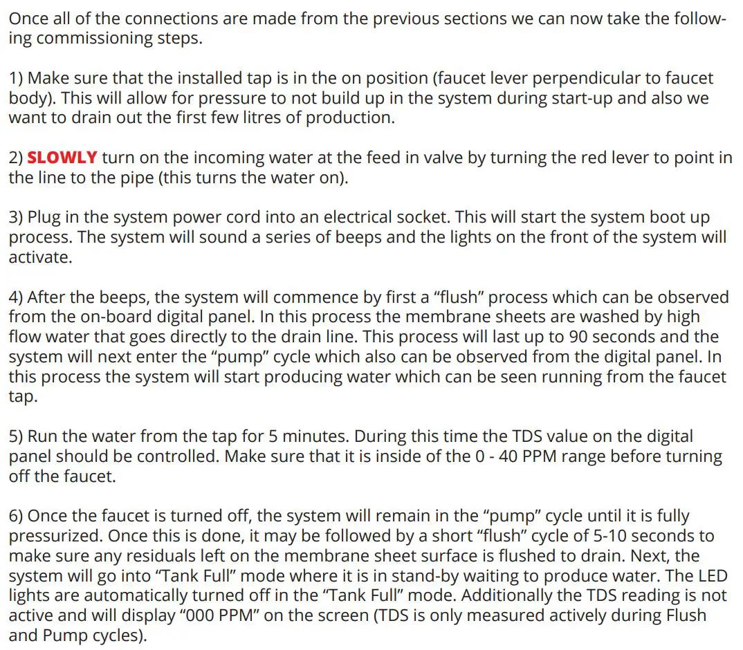 osmio WATER TECHNOLOGY Dental & Lab Direct Flow Reverse Osmosis System Instruction Manual - System Start Up and Operation