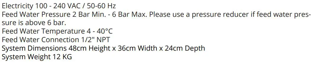 osmio WATER TECHNOLOGY Dental & Lab Direct Flow Reverse Osmosis System Instruction Manual - Technical Specifications