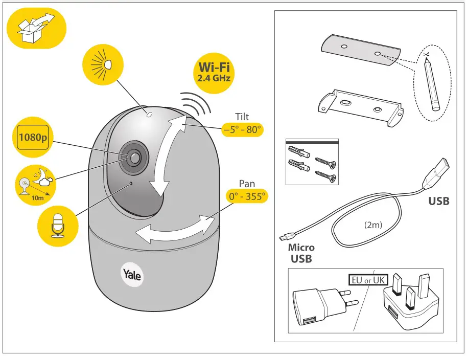 Yale SV-DPFX-B Motion Detection Indoor WiFi Camera Pan & Tilt - Inside the box