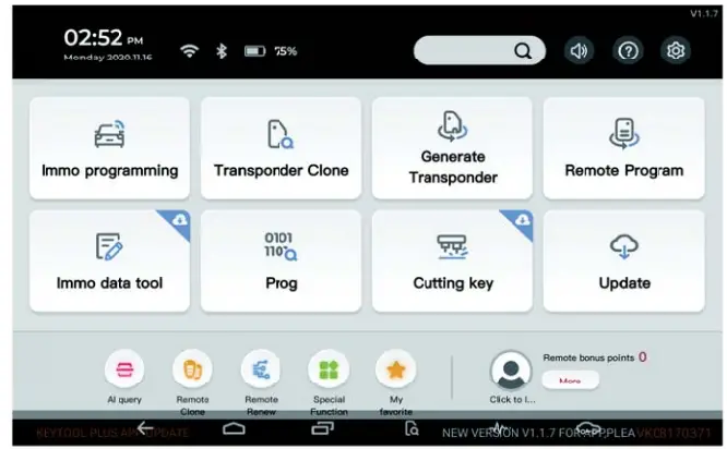 Xhorse MK3 Key Tool Plus Pad Device - Main interface