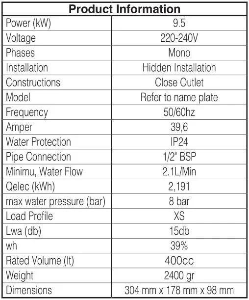 Ariston Instantaneous Electric Water Heater - TECHNICAL CHARACTERISTICS