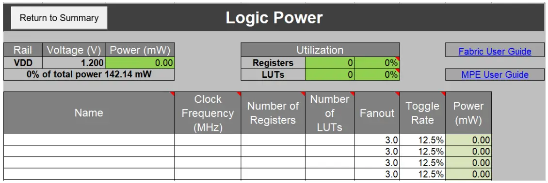 Microsemi UG0596 RTG4 FPGA Power Estimator Software - Logic Worksheet