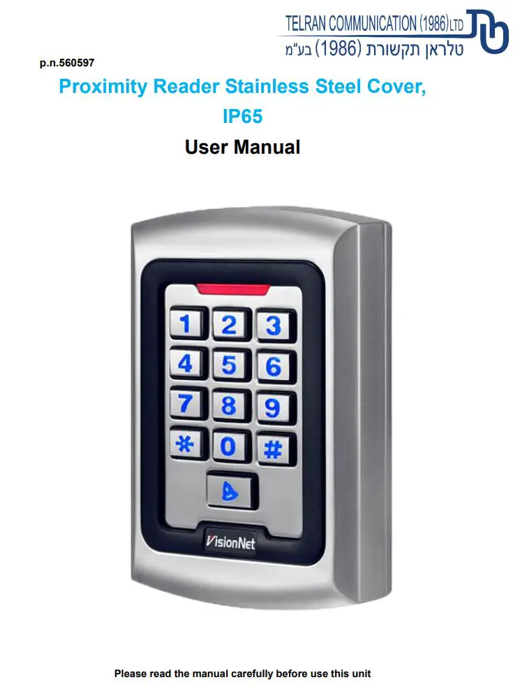 VisionNet 560597 IP65 Proximity Reader Stainless Steel Cover User Manual