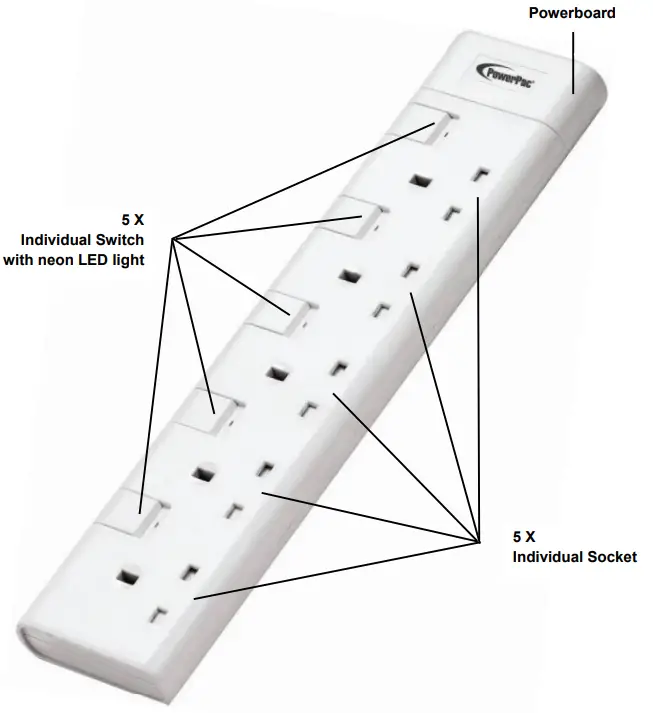PowerPac PP8555N 5 Way Safety Extension Socket-Description