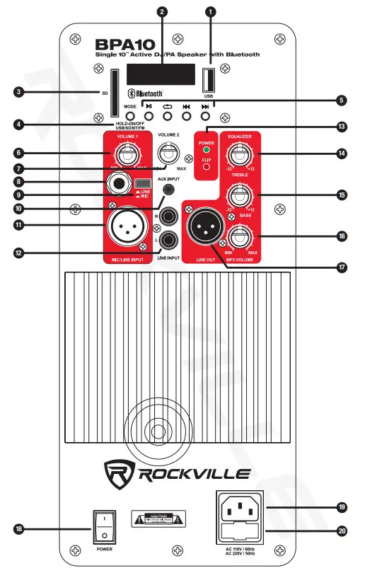 ROCKVILLE BPA10 10 Active DJ PA Speaker with Bluetooth - Functions