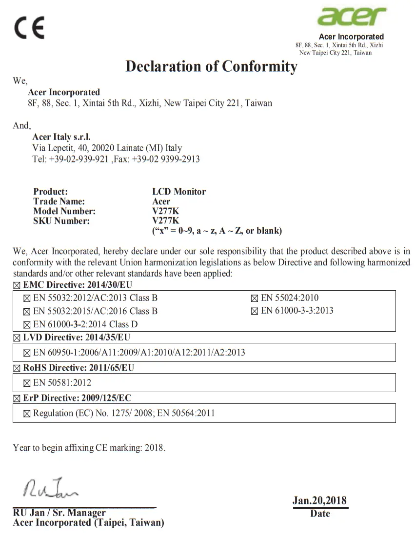 Acer V277K LCD Monitor - ce