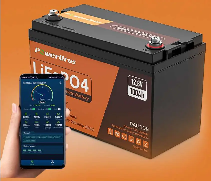 PowerUrus B0B6B421B9 12V 100Ah LiFePO4 Lithium Battery with Smart APP