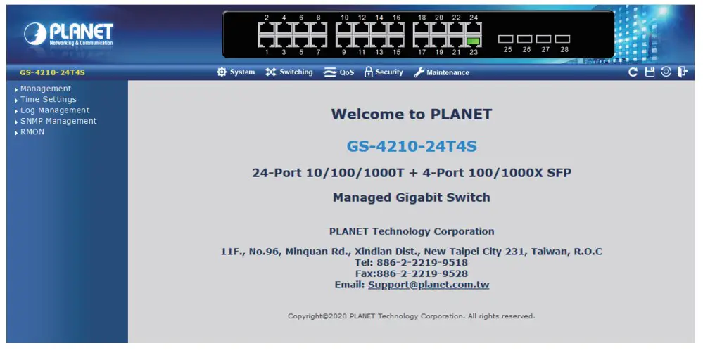 Web Main Screen of Managed Switch