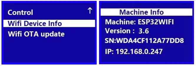 WEEDO TINA2 3D Printer - Machine Info Screen