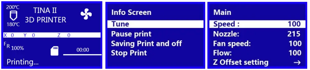 WEEDO TINA2 3D Printer - Parameters While Printing